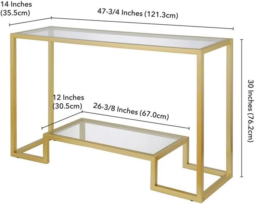 Pemberly Row 47" Metal Console Table, Brass Finish, Tempered Glass Top and Shelf, Rectangular Geometric Design, Sturdy Frame, Modern Style for Entryway or Living Room