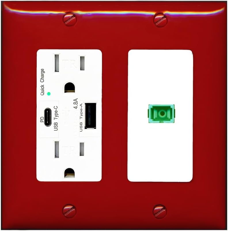 RiteAV 1 Port Fiber Optic Coupler Jack SC Simplex Singlemode APC Wall Plate - USB A+C Charger Outlet [Red/White]