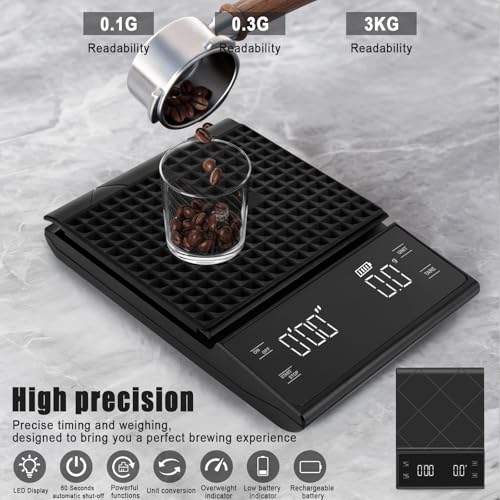 LJEC Coffee Scale with Timer, 3kg/0.1g High Precision Espresso Scale with Digital LED, Rechargeable Kitchen Food Scale for Espresso and Pour-Over Coffee, Touch Sensor and Silicone Cover Black-2 - Image 3