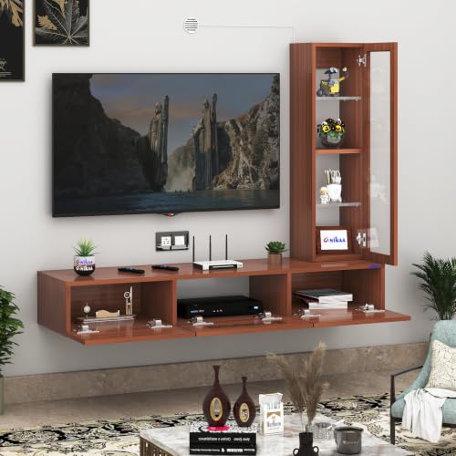 Image of Anikaa Lucen Ultra Modern Wall-Mounted TV Unit with Storage Cabinet and Light | 3 Flip-Down Storage Doors, Acrylic Shelves & Engineered Wood Construction | Fits Up to 43 Inch TV | Walnut Finish | DIY