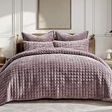 RECYCO Luxury Velvet Quilt Set King Size Bedding Sets, Ultra Soft Velvet Comforter Set, Lightweight Grid Box Stitch Oversized Bedspread Coverlet for All Season, with 2 Shams, Purple