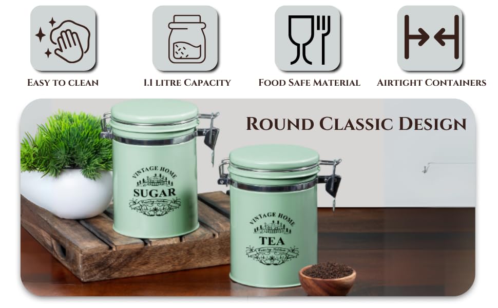 Image of Metallure Home Clip-Lock Round Classic Tea Sugar Container Set of 2 | Metal Container for Kitchen Storage | Airtight Jar Set | Food-Safe Tea Jars for Kitchen (Light Green)