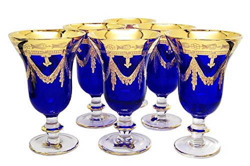 Interglass Italy Set of 6 Crystal Glasses, 24K Gold-Plated (Wine Goblets, Blue)
