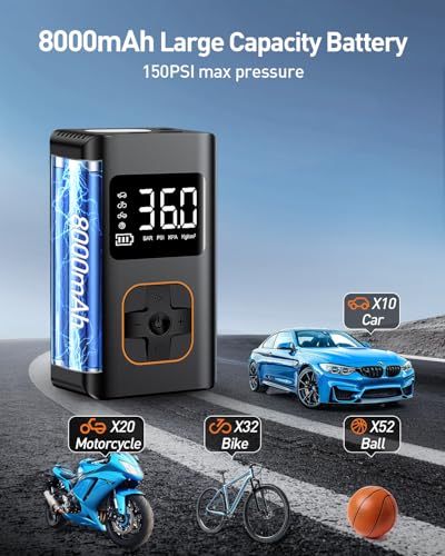 Meuci 5646 Tire Inflator Portable Air Compressor, 8000Mah Cordless Air Pump For Car Tires, 150 Psi Electric Bike Tire Pump thumb #3