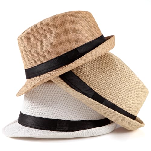 Image of LADYBRO 7 1 /4 Straw Fedora Hats for Men Summer Short Brim Trilby for Travel (Pack of 3, M /L)