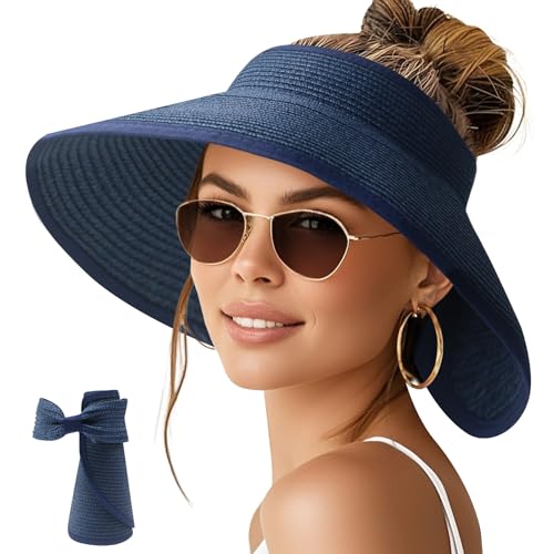 Image of NPQQUAN Sun Visor Hats for Women Wide Brim Ponytail Straw Beach Hat Packable Foldable UPF 50+ Floppy Travel Hats