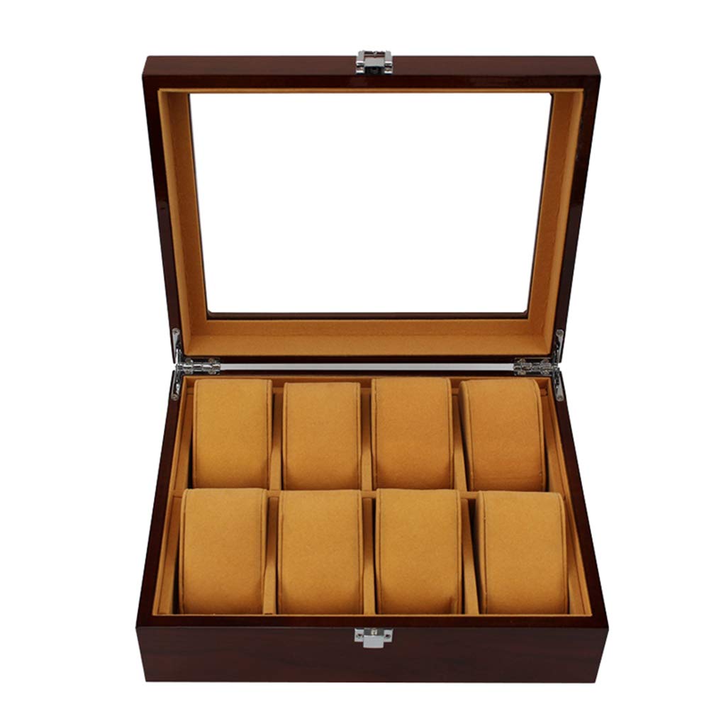 HVMBEUGOS Glass Lid 8 Watch Box Jewellery Display Storage Case Bracelet Tray with 8 Removal Storage Pillows and Glass Top，Lockable Metal Buckle
