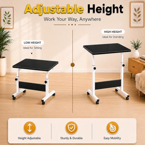 Image of Ant Esports Bravo LT400 Multipurpose Height Adjustable Laptop Table with Wheels, Rolling Computer Desk, Portable Study Table, Home Office Desk, Mobile Workstation, Black Top with White Metal Frame