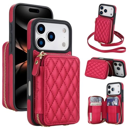 Étui iPhone 12 rouge à rabat en cuir avec bandoulière pratique et porte-cartes intégré