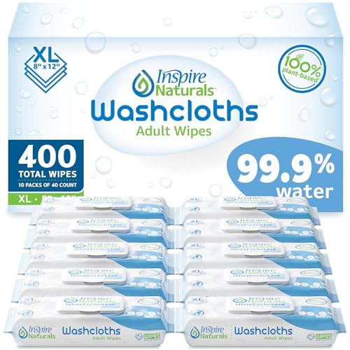 Inspire Naturals - Toallitas húmedas a base de agua al 99.9 % para adultos, sin plástico, extra grandes, sin perfume, toallitas desechables para adultos, toallitas corporales para incontinencia,