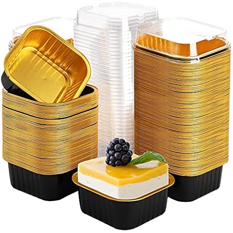 ZEAYEA 100 Pieces Aluminum Foil Baking Cups with Lids, 5.7 oz Disposable Ramekins Cupcake Containers, Square Cupcake Muffin Liners Cups for Party Mother's Day Wedding Christmas Birthday Cover