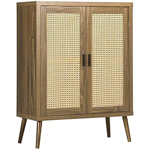 HOMCOM Sideboard Buffet Cabinet with Rattan Decorated Doors Kitchen Cabinet Accent Cabinet with Adjustable Shelves Solid Wood Legs for Living Room Hallway Brown