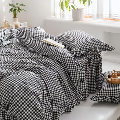 Image of mixinni Black White Gingham Ruffle Duvet Cover Queen Size 3 Pieces - 100% Washed Cotton, Vintage Plaid Ruffled Bedding Set with Zipper Ties, Soft Checkered Grid Farmhouse Chic Comforter Cover Set