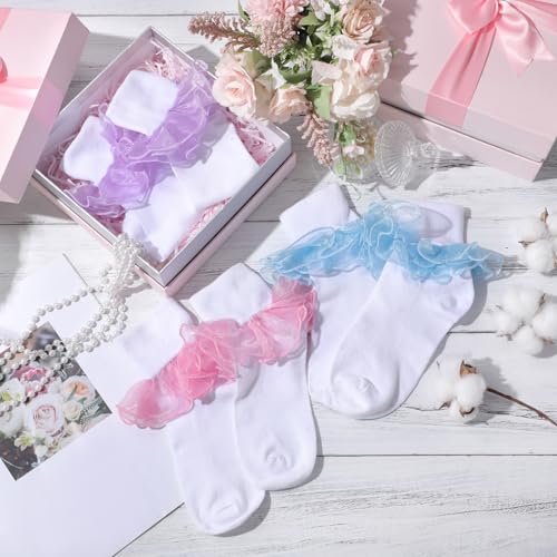 Image of Geyoga 3 Pairs Women Big Ruffle Socks Turn Cuff, Double Lace Ankle Cotton Frilly Socks for Ladies Summer