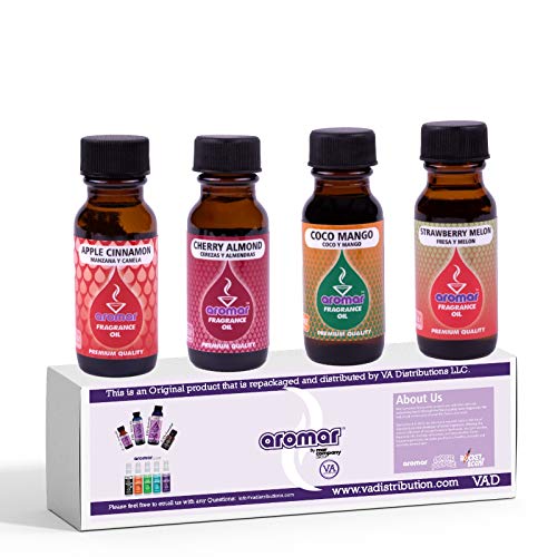 AROMAR Fragrance Oil Fruity Pack (Apple Cinnamon, Cherry Almond, Coco Mango, Strawberry Melon) for Aromatherapy, Oil Burners & DIY Personal Care Products  0.5 oz (15 ml) - 4 Pack