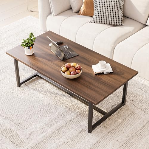 VERFARM 35.4" Rectangular Coffee Table for Living Room, Modern Industrial Style Coffee Table Center Table with Metal Frame for Small Space, Apartment, Office, Easy Assembly, Walnut