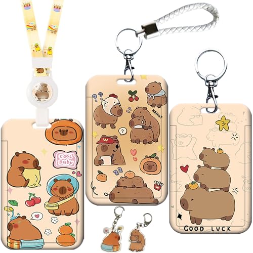 ZenyTra Capybara Kit 3 en 1 pour carte d'identité et porte-clés | Avec compartiment pour ticket de métro, collier réglable, bracelet en cuir et 2...