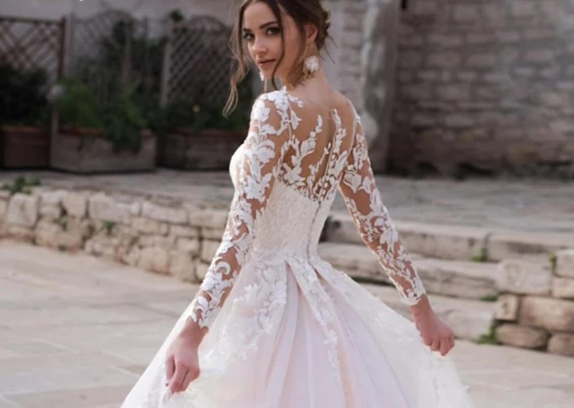 Abiti da Sposa Principessa Lunga Pizzo Manica Lunga Abito da Sposa A-Line Civil Abito da Sposa con Treno, Avorio, 46