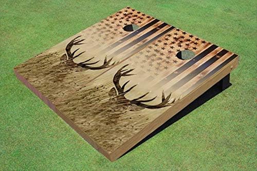 Burnt American Flag Deer in Tall Grass Wood Look Custom Cornhole Boards