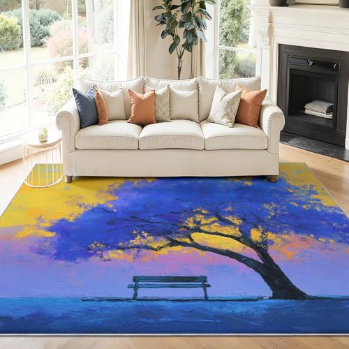 Alfombra de salón 140 x 200 cm, diseñoPintura Al Óleo Abstracta Árbol Azul, Lavable y Antideslizante, con Fondo Amarillo, diseño Ultrafino, Ideal para dormitorios, Habitaciones Infantiles