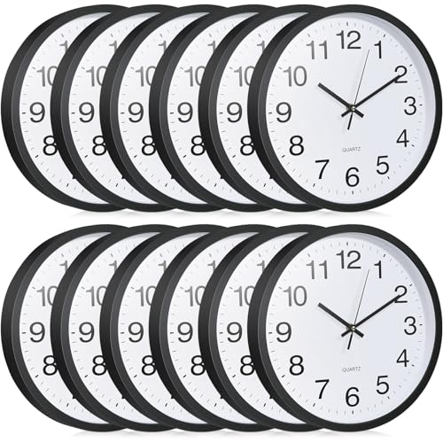 Inbagi 12 Pieces Silent Wall Clock Large 12 Inches Quartz Analog Clock Non Ticking Round Easy to Read Battery Operated for Classroom Office School Kitchen Bedroom Living Room Decorative