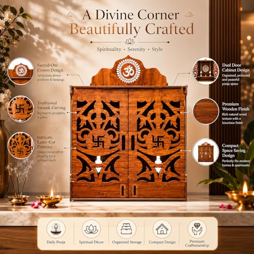 Image of SIGNAMIO Mandir for Home with Door & LED Light | Wooden MDF Pooja Temple | Temple for Home with Door | Wall Mounted Hanging Home Temple with Storage Drawer
