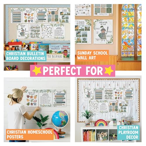Image of Hadley Designs Sunday School Decorations for Classroom -9 Bible Posters for Kids, Books of the Bible, 10 Commandments, Bible Timeline Chart, Fruits of the Spirit, Greenery Christian Classroom Decor