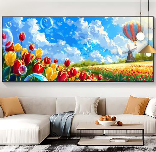 Diamond painting montgolfière géant 60x130cm avec broderie diamant complet motif tulipe pour adulte