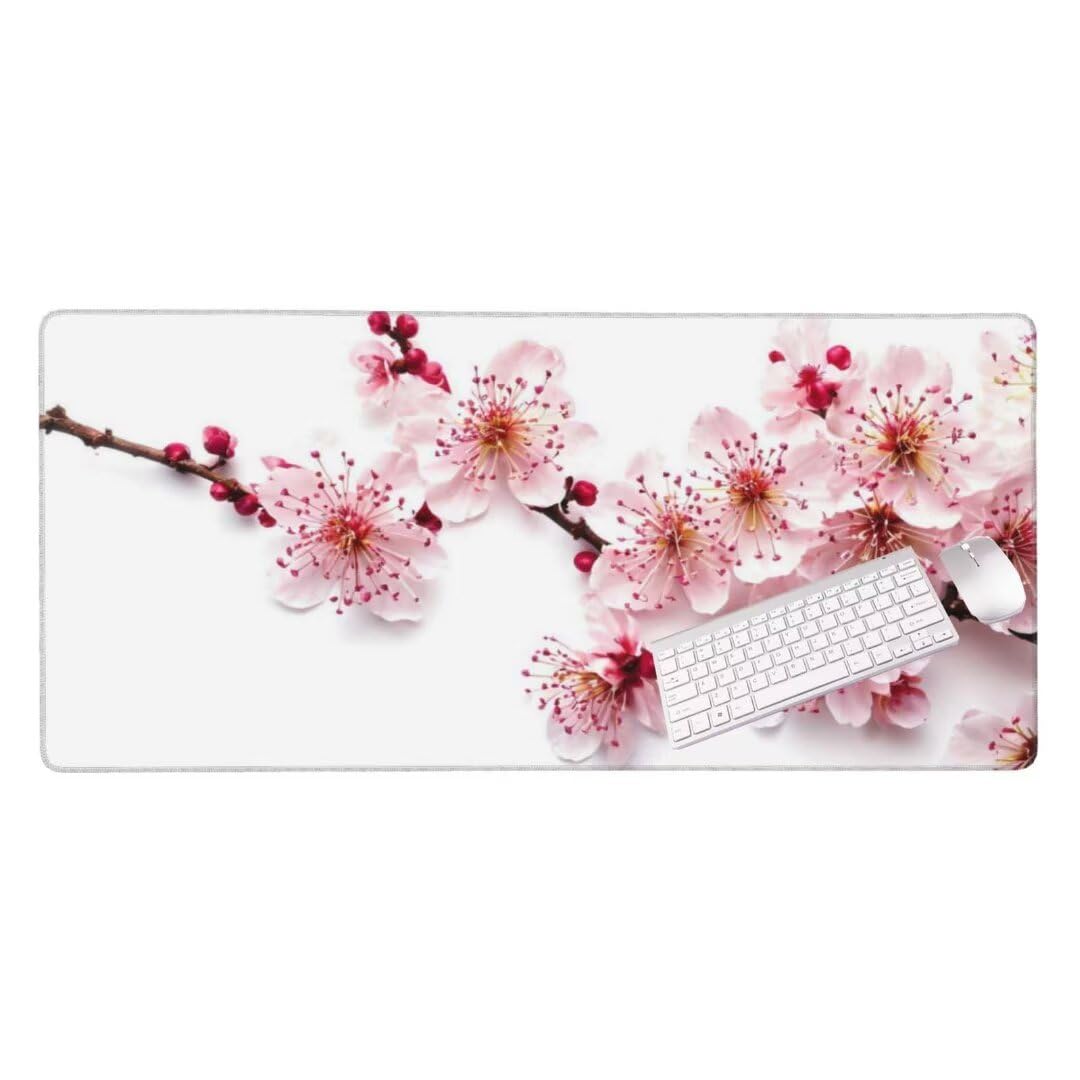 Alfombrilla de ratón 1400x600x3 MM, Alfombrilla Ratón XXL Extendida de Gran Tamaño con Bordes Cosidos, Base de Goma Antideslizante Almohadilla para Teclado, Flores de Cerezo Rosas S-4043