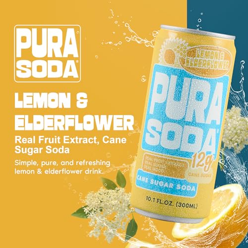 Image of PuraSoda Lemon Elderflower - 12g Pure Cane Sugar Soda, 10 Fl Oz, Pack of 12 | Real Fruit Extract, Non-Gmo Vegan, No Stevia Or Artificial Sweeteners, 12g Cane Sugar, 10 Fl Oz Cans