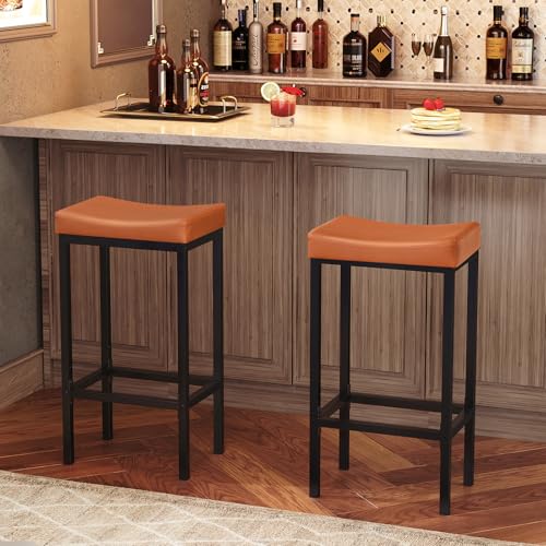 Image of HOOBRO Bar Stools, Set of 2 Bar Chairs, Counter Height Stools, Saddle Barstools with Curved Surface, 24.8 Inches, 2.4 inch Thick Upholstery, for Kitchen, Dining Room, Cafe Orange-Brown and Black CB10BY01