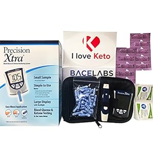 Precision Xtra Blood Glucose and Ketone Monitoring Meter Kit Bundle+10 Precision Xtra Ketone Test Strips+One Month Abbott Freestyle 28 Gauge Lancets+dynarex Alcohol Wipes+I Love Keto Sticker