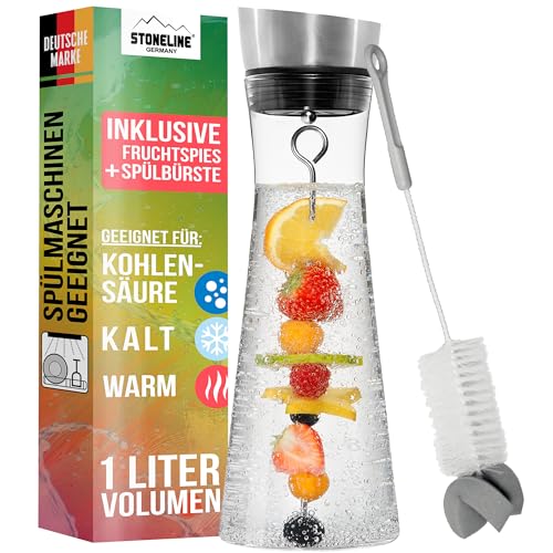 STONELINE Glaskaraffe 1 L mit Deckel aus Edelstahl Wasserkaraffe aus Borosilikatglas mit Fruchtspieß Spülbürste, Karaffe aus Glas für Heiße Kalte Hausgemachte Getränke Eistee Wein Kaffee Saft Limonade STONELINE Glaskaraffe 1 L mit Deckel aus Edelstahl Wasserkaraffe aus Borosilikatglas mit Fruchtspieß Spülbürste, Karaffe aus Glas für Heiße Kalte Hausgemachte Getränke Eistee Wein Kaffee Saft Limonade