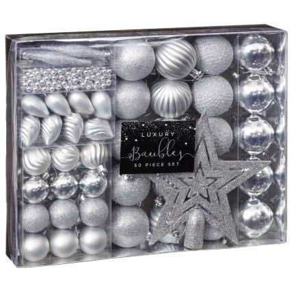 CrazyShop1 New Perfect Christmas Tree Decoration Set 50pc Gift Present New Year Celebration - Silver