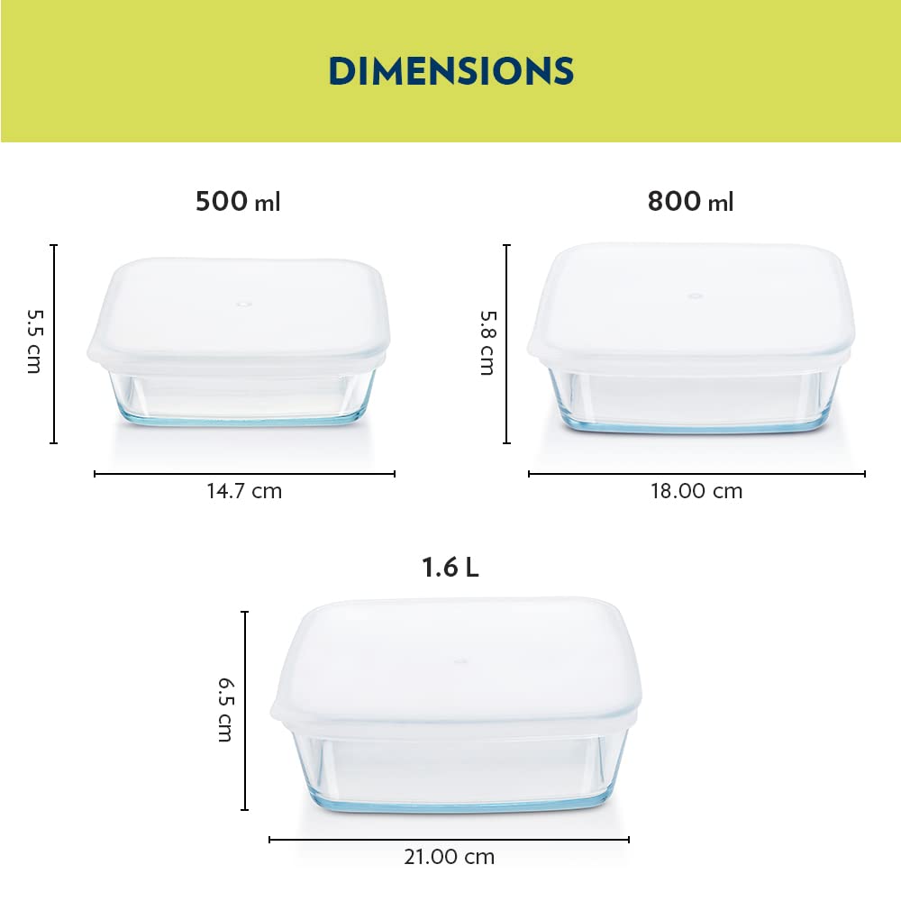 Borosil Microwave Safe & Oven Safe Square Glass Baking Dish with Lid (Transparent, 500 ml + 800 ml + 1.6 L) - Set of 3 — Amazon image 3