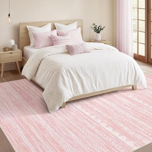 Nakagishi Pink Rugs for Bedroom Girls: 8x10 Washable Boho Large Neutral Cute Soft Area Rug Modern Indoor Floor Non Slip Accent Carpet for Living Room Nursery Kids Playroom Preppy Room Dorm Baby Room