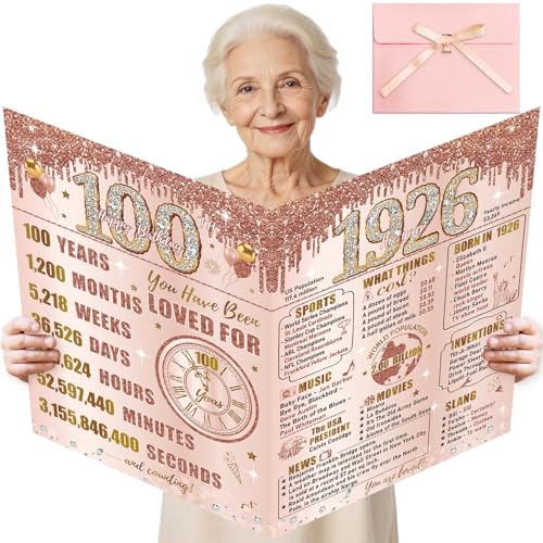 Turypaty Large 100th Birthday Card With Envelope for Women Pink Rose Gold The Year 1926 Happy 100th Birthday Giant Guest Signature Book Gift Extra Big 1926 100 Greeting Card Decoration Party Supply