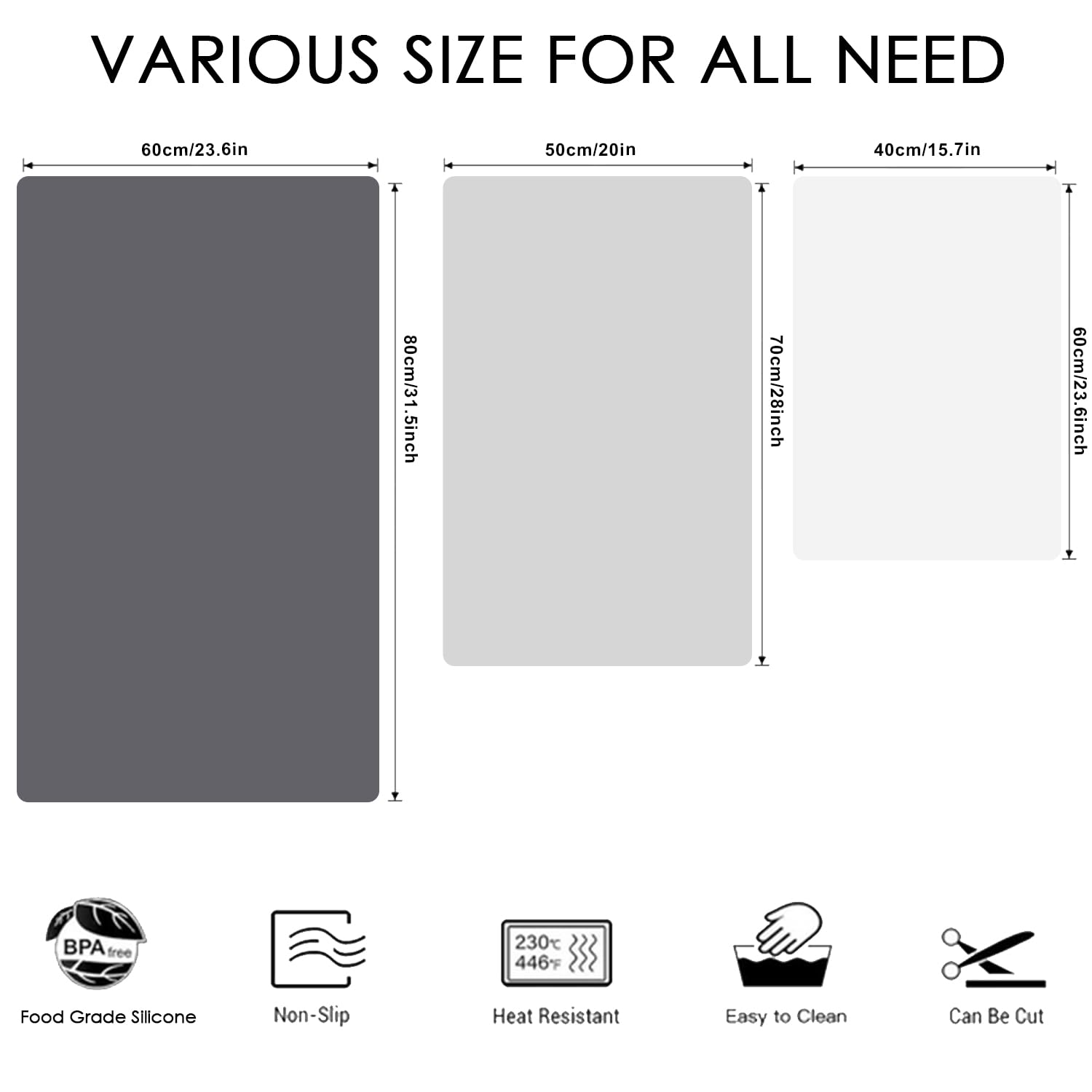 Extra große Silikonmatte für Küchentheke, 80 x 60 cm, hitzebeständig, antihaftbeschichtet, dicker Arbeitsplattenschutz, Backmatte für Teig, Hellgrau