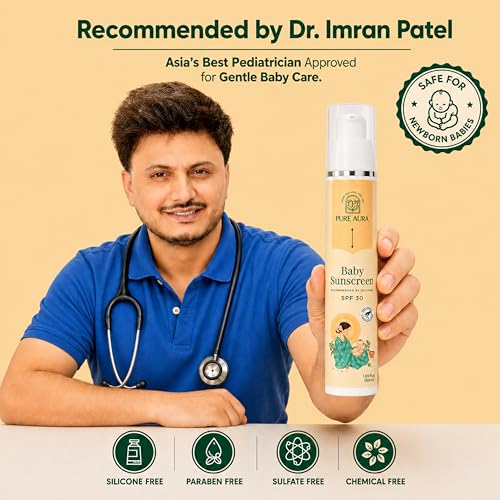 Image of Pure Aura Baby Sunscreen SPF 30 50gm, Pack of 3 - Doctor Recommended 100% Mineral Ayurvedic Sunscreen for Babies & Kids | Chemical-Free Outdoor Sun Protection for Sensitive Skin