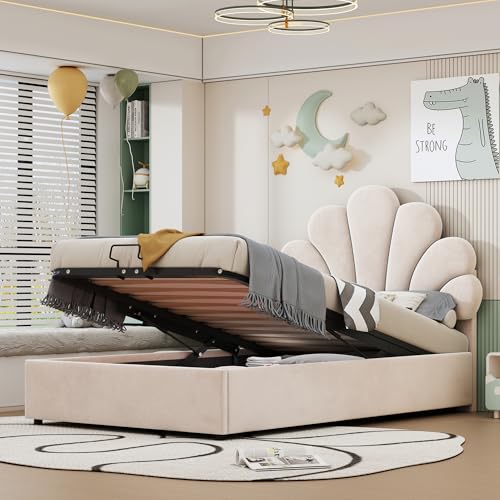 Dolamaní Jugendbett Mädchen Bett 90x200 cm, Höhenverstellbarem Kopfteil-geblümtem, Lattenrost Holz, hydraulischem Stauraum，Polsterbett Samt Doppeltbett, Beige