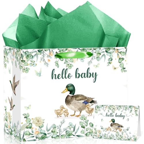 Mallard Duck Baby Shower Birthday Gift Bag with Wrapping Tissue Paper Card Large Green Watercolor Eucalyptus Rustic Woodland Welcome Baby Party Decorations Supplies Favors for Boys Girls Newborn Son