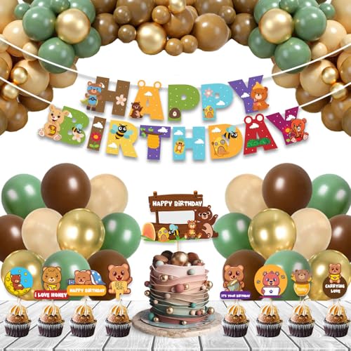 Image of Festiko Set of 35 Pcs Bear Theme Happy Birthday Combo (Banner, Balloons, Cake & Cupcake Toppers), Bear theme birthday decorations