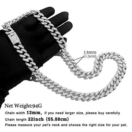 Image of Cuban Link Dog Collar Gold Silver Color Metal Dog Chain Collar Cuban Diamond Chain Pet Collars for Dogs Cats Jewelry 8 /10 /14 /16 /18 /20 /24 /28 Inch (22inch, Silver)
