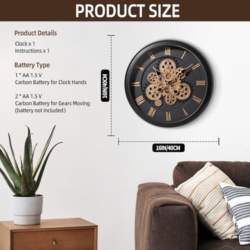 16 Black Roman Numeral Gear Wall Clock