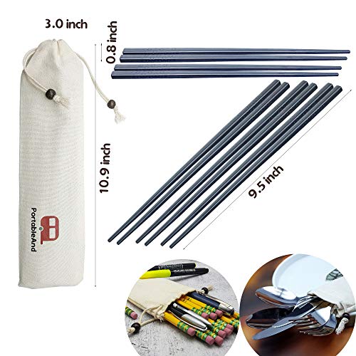 PortableAnd 5-Pairs Fiberglass Reusable Chopsticks Set Dishwasher Safe 9 1/2 Inches Black with Multi-purpose Cotton Drawstring bag carrying case for travel Sushi, Noodles and Asian Food