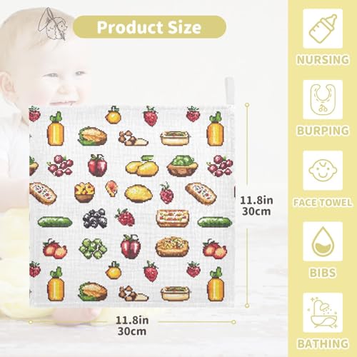 vvfelixl Baby Muslin Washcloths Pixel Art Food Baby Burp Cloths Cotton Babys Face Towel for Newborn Infants Boys Girls Soft and Absorbent 11.8 X 11.8 in, 3 Pack4