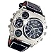 Montre pour homme surdimensionnée steampunk double fuseau horaire quatre cadrans grand cadran bracelet en cuir souple politique armée, boussole thermomètre cadran décoratif cool pour la Saint-Valentin, noir