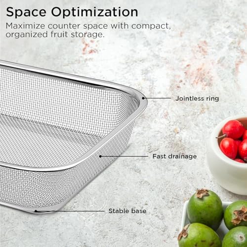 Image of Zupa Rust-Proof Stainless Steel Rectangular Strainer & Storage Basket | Multipurpose Fruit, Vegetable & Fridge Organizer (Silver) | 32 X 24 X 7 CM | Set of 2