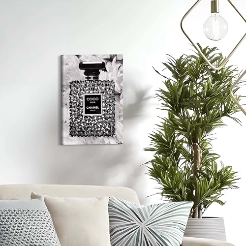 Image of HILL WEST Modern Fashion Canvas Wall Art - Black White Perfume Bottle Picture Prints Glam Butterfly Floral Painting Artwork for Girls Makeup Room Bedroom