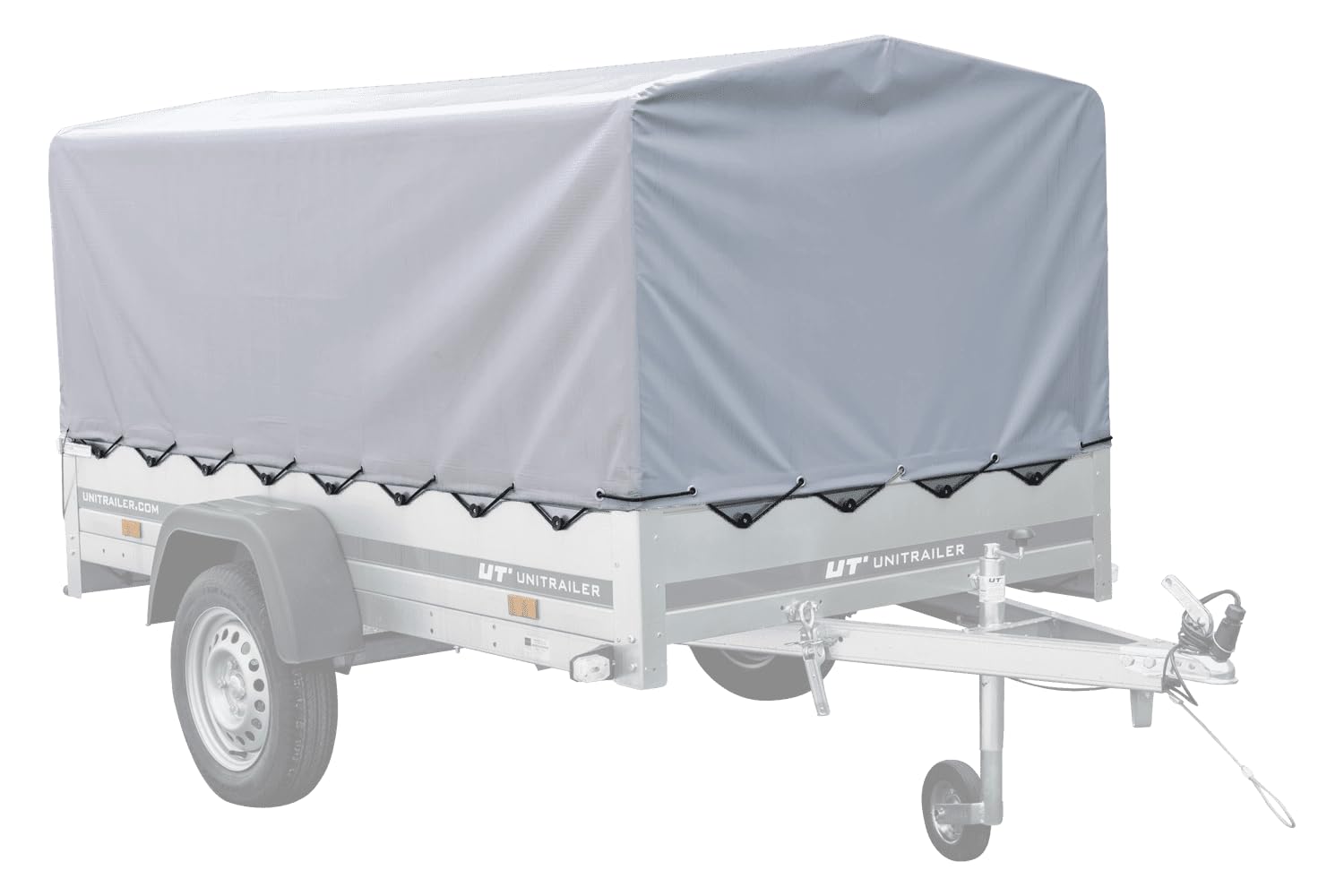 UNITRAILER Lona para Remolque 230x125 cm H80 cm Gris Impermeable con Cuerda elástica, Funda Protectora para Garden Trailer 230 Kipp, Lona de Alta Resistencia con Parte Trasera abatible